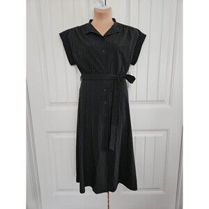 CALVIN KLEIN Midi Shirtdress Short Sleeve Buttons Black Pinstripe Tie Belt Sz 12